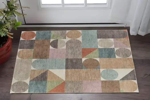 2' X 3' Ivory Brown And Blue Checkered Area Rug