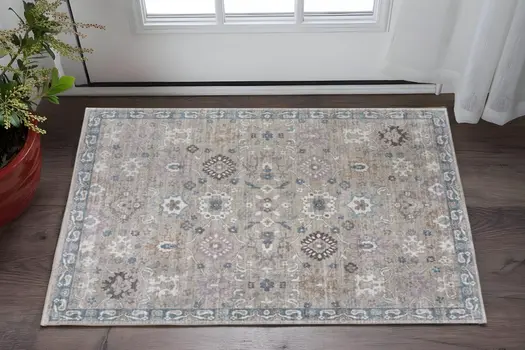 2' X 3' Gray Blue And Taupe Floral Distressed Area Rug