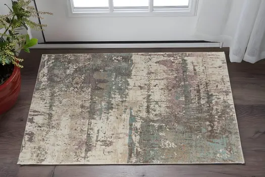 2' X 3' Ivory Blue And Purple Abstract Distressed Area Rug