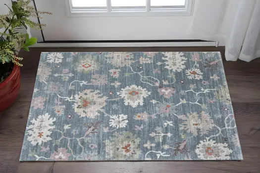 2' X 3' Blue Ivory And Pink Abstract Distressed Area Rug
