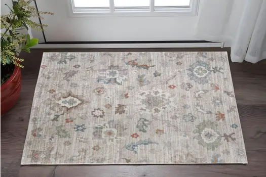 2' X 3' Tan Brown And Blue Abstract Distressed Area Rug