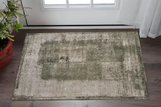 2' X 3' Green And Tan Abstract Distressed Area Rug