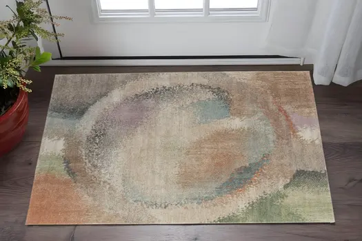 2' X 3' Brown Tan And Blue Abstract Distressed Area Rug