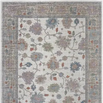 5' X 8' Ivory Brown And Blue Floral Distressed Area Rug