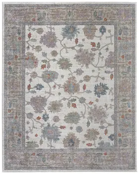 5' X 8' Ivory Brown And Blue Floral Distressed Area Rug
