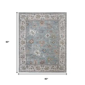 5' X 8' Blue Ivory And Brown Floral Distressed Area Rug