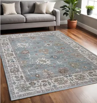 5' X 8' Blue Ivory And Brown Floral Distressed Area Rug