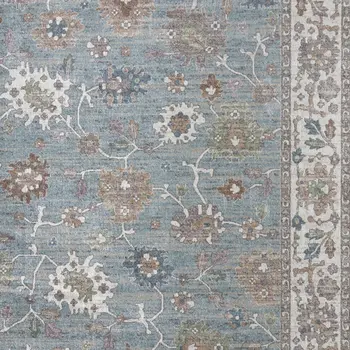 5' X 8' Blue Ivory And Brown Floral Distressed Area Rug