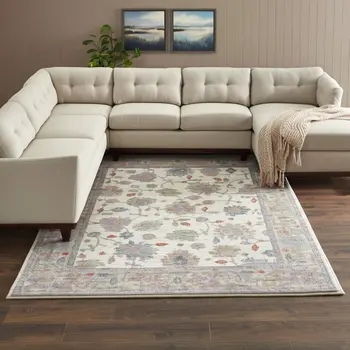 8' X 10' Ivory Brown And Blue Floral Distressed Area Rug