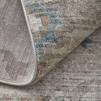 8' X 10' Tan Brown And Blue Abstract Distressed Area Rug