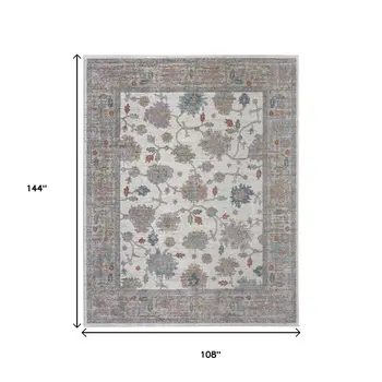 9' X 12' Ivory Brown And Blue Floral Distressed Area Rug
