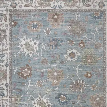 9' X 12' Blue Ivory And Brown Floral Distressed Area Rug