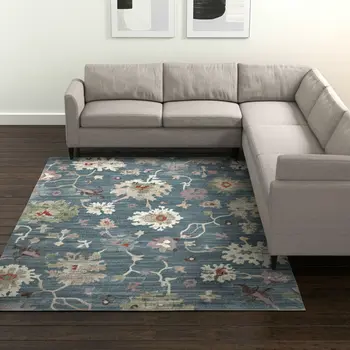 9' X 12' Blue Ivory And Pink Abstract Distressed Area Rug