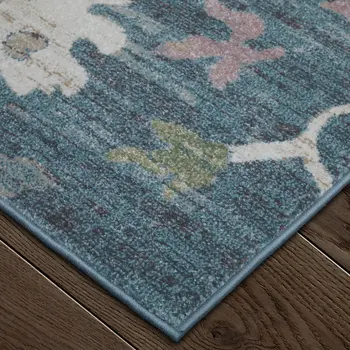 10' X 13' Blue Ivory And Pink Abstract Distressed Area Rug