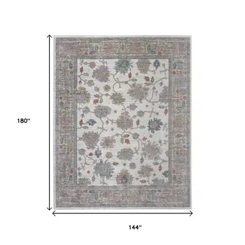 12' X 15' Ivory Brown And Blue Floral Distressed Area Rug