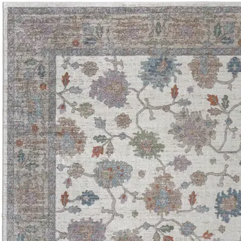 12' X 15' Ivory Brown And Blue Floral Distressed Area Rug