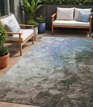 5' X 8' Denim Blue Taupe And Ivory Abstract Washable Indoor Outdoor Area Rug
