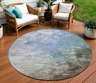 8' Denim Blue Taupe And Ivory Round Abstract Washable Indoor Outdoor Area Rug