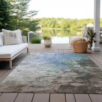 8' X 10' Denim Blue Taupe And Ivory Abstract Washable Indoor Outdoor Area Rug