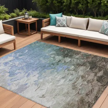 10' X 14' Denim Blue Taupe And Ivory Abstract Washable Indoor Outdoor Area Rug