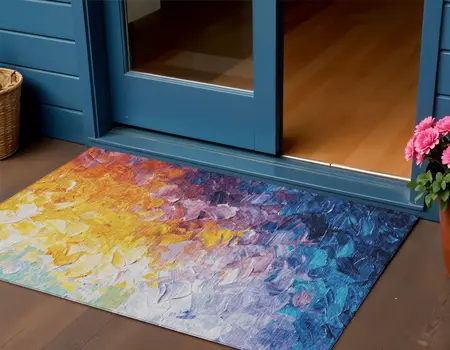 3' X 5' Gold Yellow Teal Blue And Lavender Abstract Washable Indoor Outdoor Area Rug