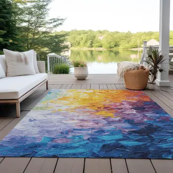 3' X 5' Gold Yellow Teal Blue And Lavender Abstract Washable Indoor Outdoor Area Rug