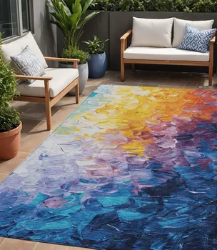 5' X 8' Gold Yellow Teal Blue And Lavender Abstract Washable Indoor Outdoor Area Rug