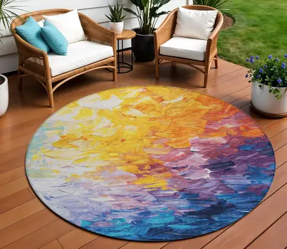8' Gold Yellow Teal Blue And Lavender Round Abstract Washable Indoor Outdoor Area Rug