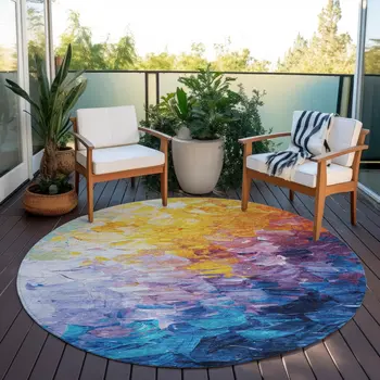 8' Gold Yellow Teal Blue And Lavender Round Abstract Washable Indoor Outdoor Area Rug