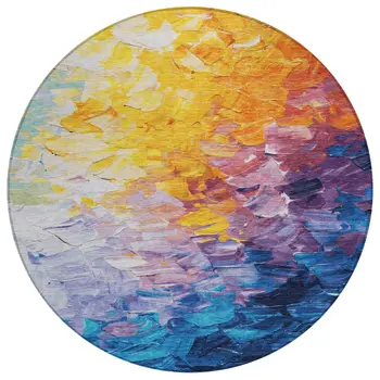 8' Gold Yellow Teal Blue And Lavender Round Abstract Washable Indoor Outdoor Area Rug