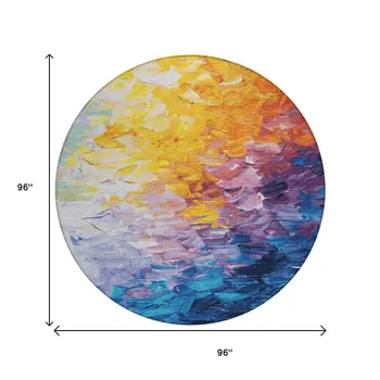 8' Gold Yellow Teal Blue And Lavender Round Abstract Washable Indoor Outdoor Area Rug