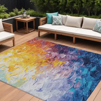 8' X 10' Gold Yellow Teal Blue And Lavender Abstract Washable Indoor Outdoor Area Rug