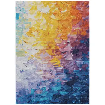 8' X 10' Gold Yellow Teal Blue And Lavender Abstract Washable Indoor Outdoor Area Rug