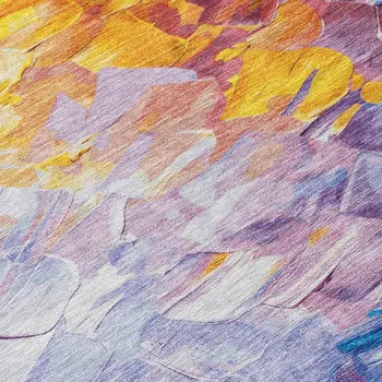 8' X 10' Gold Yellow Teal Blue And Lavender Abstract Washable Indoor Outdoor Area Rug
