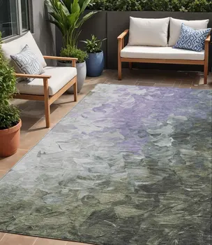 5' X 8' Lavender Olive Green And Silver Abstract Washable Indoor Outdoor Area Rug