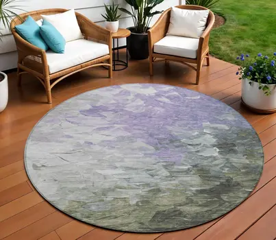 8' Lavender Olive Green And Silver Round Abstract Washable Indoor Outdoor Area Rug