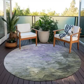 8' Lavender Olive Green And Silver Round Abstract Washable Indoor Outdoor Area Rug
