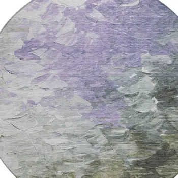 8' Lavender Olive Green And Silver Round Abstract Washable Indoor Outdoor Area Rug