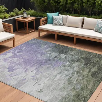 8' X 10' Lavender Olive Green And Silver Abstract Washable Indoor Outdoor Area Rug