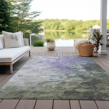 8' X 10' Lavender Olive Green And Silver Abstract Washable Indoor Outdoor Area Rug