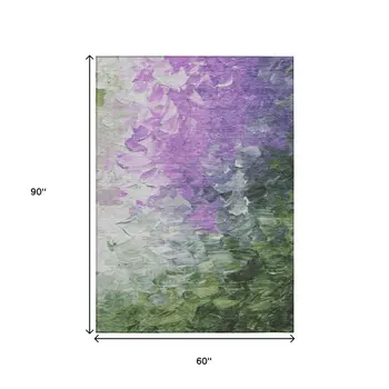 5' X 8' Purple Olive Green And Silver Abstract Washable Indoor Outdoor Area Rug