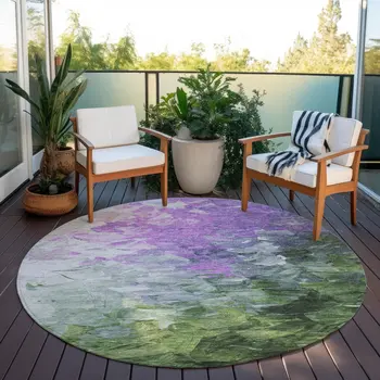8' Purple Olive Green And Silver Round Abstract Washable Indoor Outdoor Area Rug