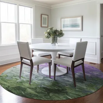 8' Purple Olive Green And Silver Round Abstract Washable Indoor Outdoor Area Rug
