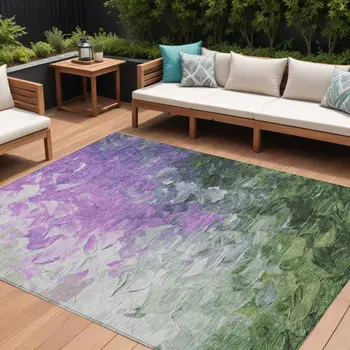 8' X 10' Purple Olive Green And Silver Abstract Washable Indoor Outdoor Area Rug