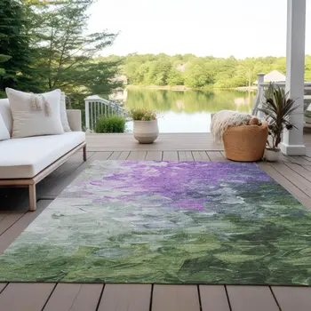 8' X 10' Purple Olive Green And Silver Abstract Washable Indoor Outdoor Area Rug