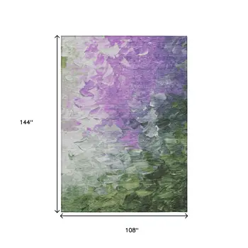 9' X 12' Purple Olive Green And Silver Abstract Washable Indoor Outdoor Area Rug