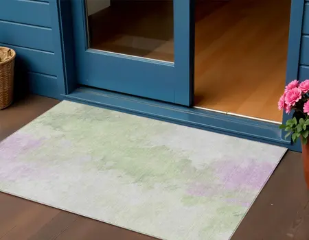 3' X 5' Artichoke Green Lavender And Ivory Abstract Washable Indoor Outdoor Area Rug