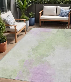 5' X 8' Artichoke Green Lavender And Ivory Abstract Washable Indoor Outdoor Area Rug