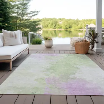 5' X 8' Artichoke Green Lavender And Ivory Abstract Washable Indoor Outdoor Area Rug