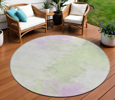 8' Artichoke Green Lavender And Ivory Round Abstract Washable Indoor Outdoor Area Rug